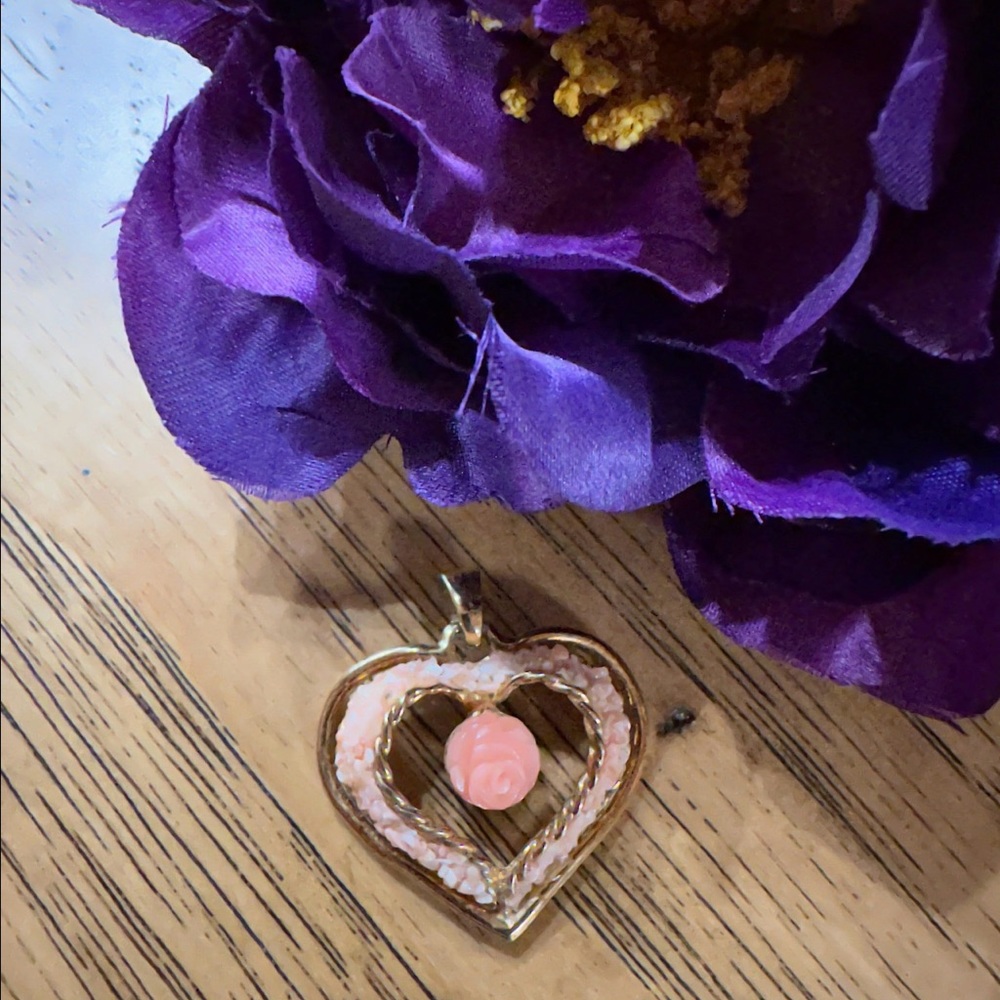Vintage Heart Shaped Pendant with Coral Accents & Coral Rosette Center